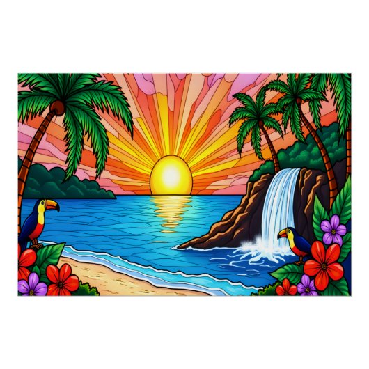 Tropical Stained Glass Sunset Poster (Voorkant)
