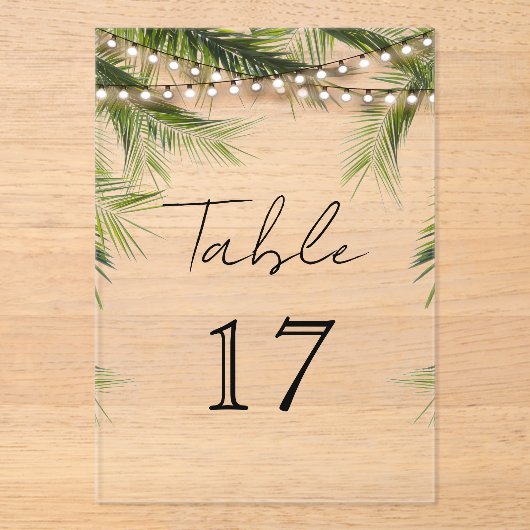 Tropical String Light Wedding Acrylic Table Number Acryl Uitnodigingen (Voorkant)
