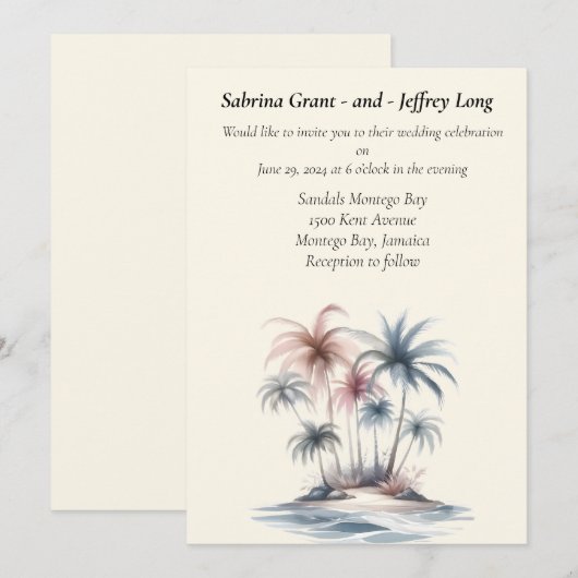 Tropical Summer Beach Waterverf Palmboom bruiloft Kaart (Voorkant / Achterkant)