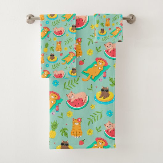 Tropical Summer Cats Bath Towel Set Bad Handdoek (Insitu)