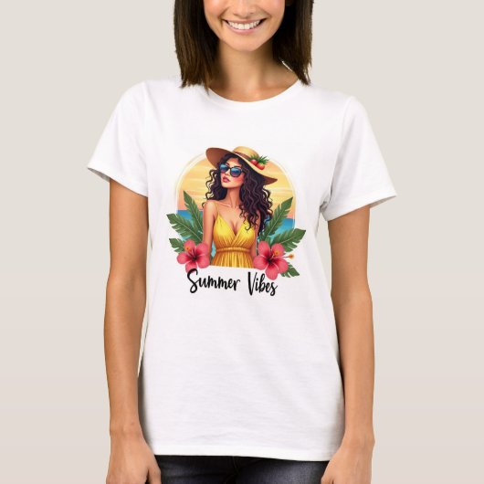 Tropical Summer Girl Sunset Fashion T-Shirt (Voorkant)
