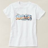 Tropical Summer Never Ends; Beach Sunset T-shirt (Design voorkant)