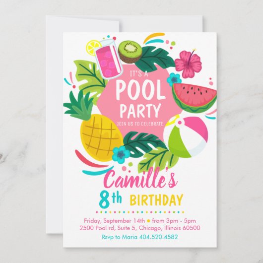 Tropical summer pool party Invitation Kaart (Voorkant)