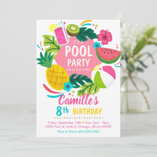 Tropical summer pool party Invitation Kaart (Staand voorkant)