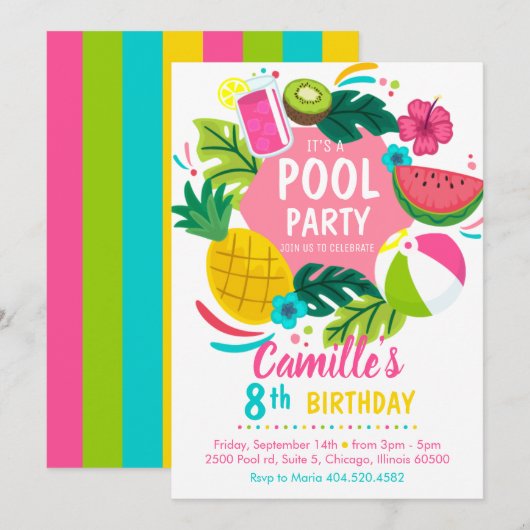 Tropical summer pool party Invitation Kaart (Voorkant / Achterkant)