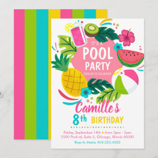 Tropical summer pool party Invitation Kaart