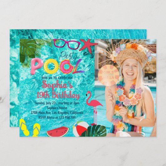 Tropical Summer Pool Party Verjaardag Custom Afbee Kaart (Voorkant / Achterkant)