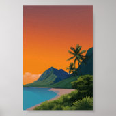 Tropical Sunset Beach - Berg en Palm Art Poster (Voorkant)