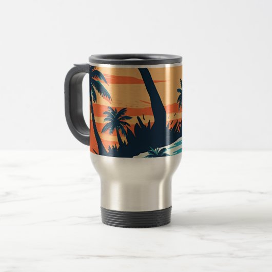 Tropical Sunset Beach Coffee Mug – Relaxing Palm Reisbeker (Voorkant links)