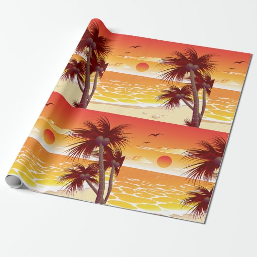 Tropical Sunset Beach Palm Tree Island Cadeaupapier (Uitgerold)