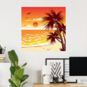 Tropical Sunset Beach Palm Tree Island Poster (Thuiskantoor)