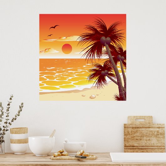 Tropical Sunset Beach Palm Tree Island Poster (Keuken)