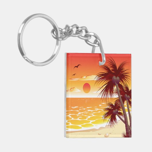 Tropical Sunset Beach Palm Tree Island Sleutelhanger (Voorkant Links)