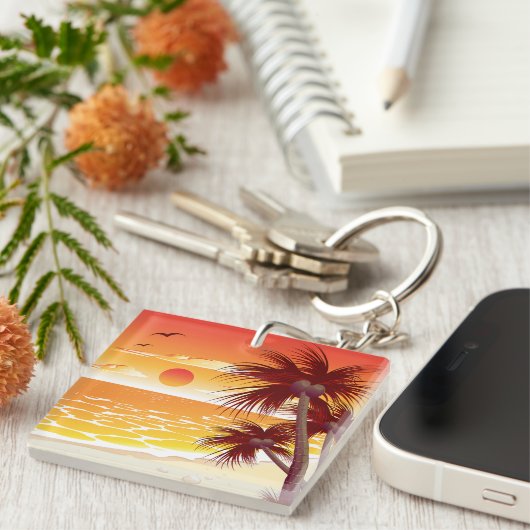 Tropical Sunset Beach Palm Tree Island Sleutelhanger (Voorkant Rechts)