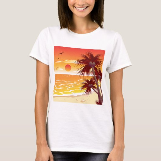 Tropical Sunset Beach Palm Tree Island T-shirt (Voorkant)