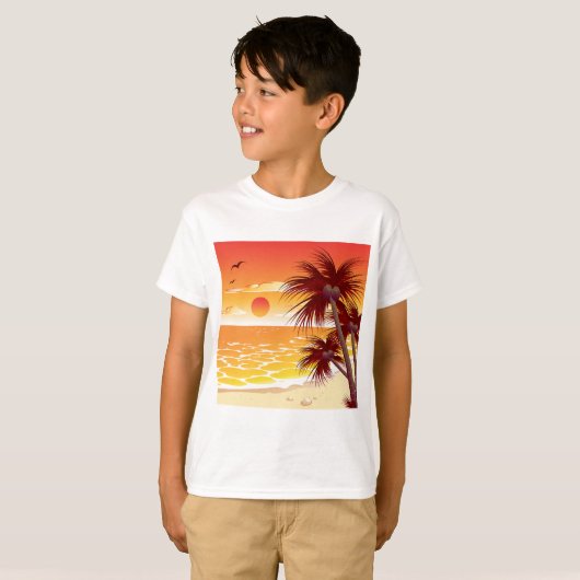 Tropical Sunset Beach Palm Tree Island T-shirt (Voorkant volledig)