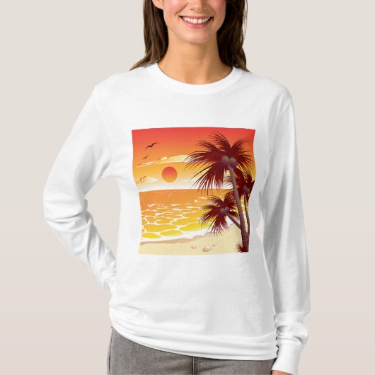 Tropical Sunset Beach Palm Tree Island T-shirt (Voorkant)