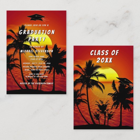 Tropical Sunset Graduation Invitation template Notitiekaartje (Voorkant / Achterkant)