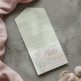 Tropical Sunset Island Beach Watercolor Wedding All In One Uitnodiging