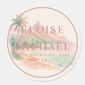 Tropical Sunset Island Beach Watercolor Wedding Ronde Sticker (Voorkant)