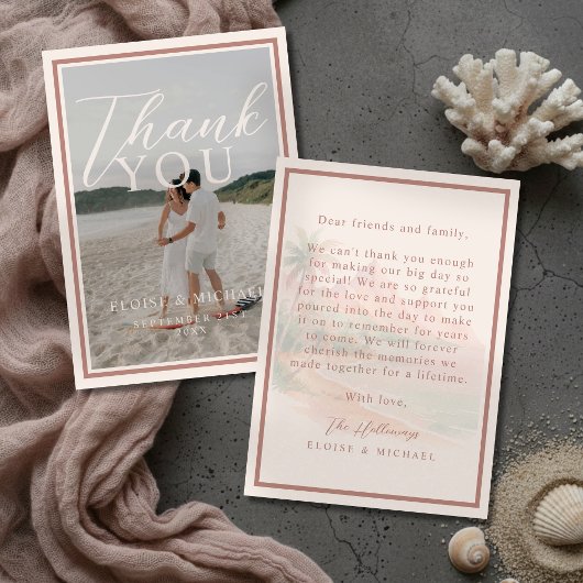 Tropical Sunset Island Beach Wedding Photo Bedankkaart