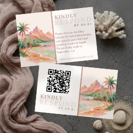 Tropical Sunset Island Watercolor Wedding QR  RSVP Kaartje