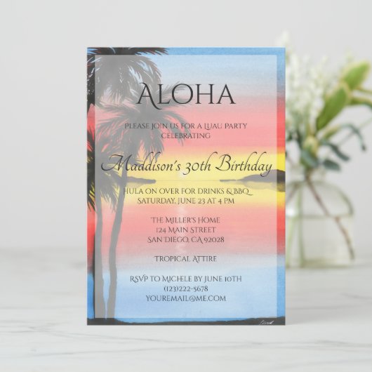 Tropical Sunset Luau Uitnodiging (Staand voorkant)