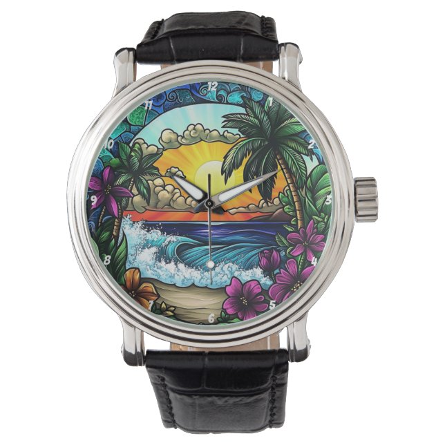 Tropical Sunset Oasis Vibrant Beach Wall Horloge (Voorkant)