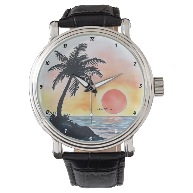 Tropical Sunset Ocean Scene with Palm Trees Horloge (Voorkant)
