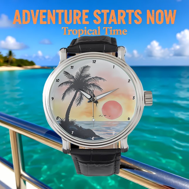 Tropical Sunset Ocean Scene with Palm Trees Horloge (Creator heeft geüpload)