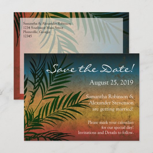 Tropical Sunset Palm Fronds Beach Save the Date Aankondigingskaart (Voorkant / Achterkant)