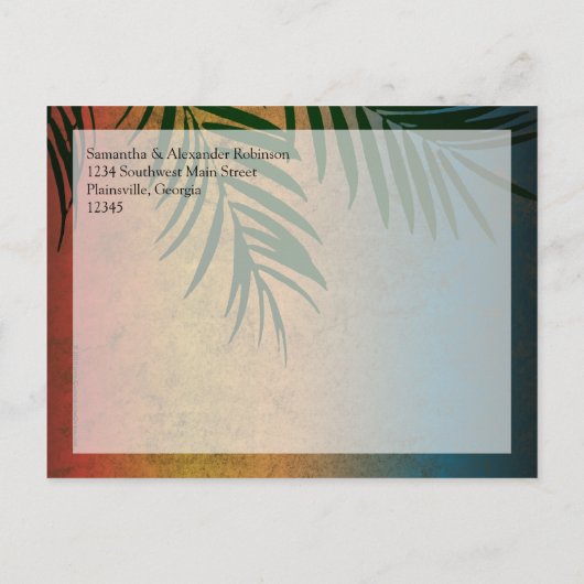Tropical Sunset Palm Fronds Beach Save the Date Aankondigingskaart (Achterkant)
