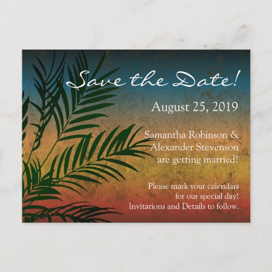 Tropical Sunset Palm Fronds Beach Save the Date Aankondigingskaart (Voorkant)