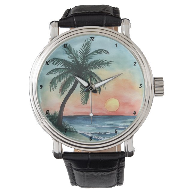 Tropical Sunset Palm Ocean Waves Horloge (Voorkant)