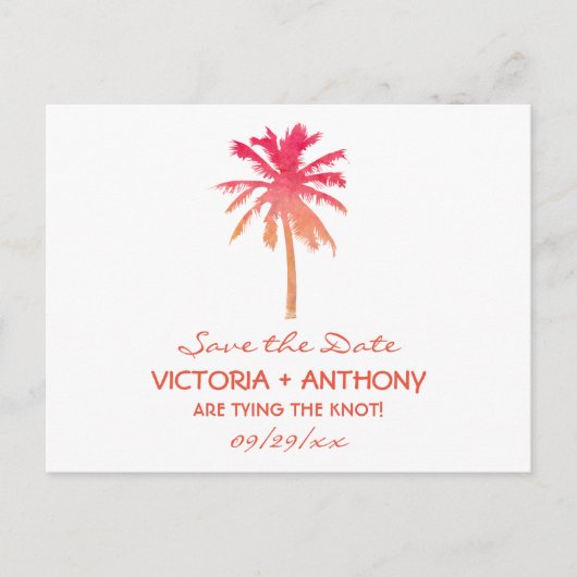 Tropical Sunset Palm Tree Beach De datum opslaan Aankondigingskaart (Voorkant)