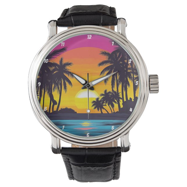 Tropical Sunset Palm Tree Beach Horloge (Voorkant)
