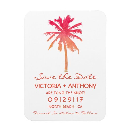 Tropical Sunset Palm Tree Beach Save the Date Magneet (Verticaal)