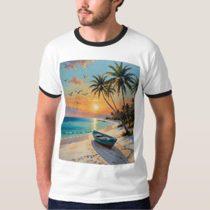 Tropical Sunset Rowboat Beach Schilderij Tshirt