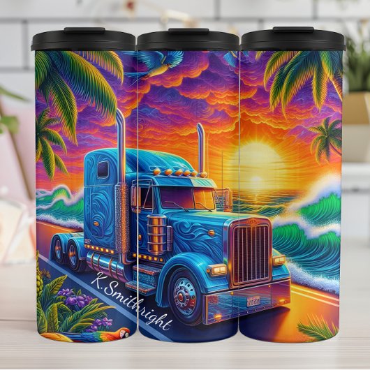 Tropical Sunset Semi Truck Ocean Thermosbeker