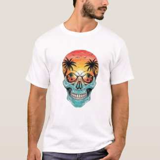 Tropical Sunset Skull | Beach Palm Tree Ocean Wave T-shirt