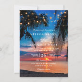 Tropical Sunset String Lights Palm QR Code Wedding Kaart (Voorkant)