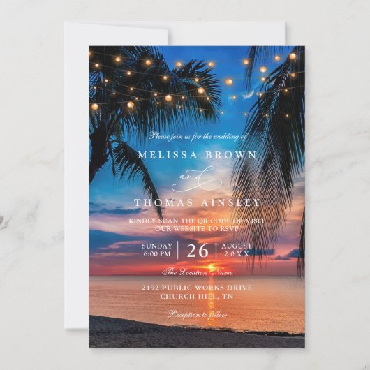 Tropical Sunset String Lights Palm QR Code Wedding Kaart (Voorkant)