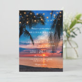 Tropical Sunset String Lights Palm QR Code Wedding Kaart (Staand voorkant)