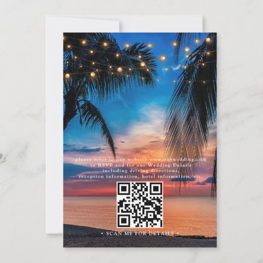 Tropical Sunset String Lights Palm QR Code Wedding Kaart (Achterkant)