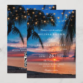 Tropical Sunset String Lights Palm QR Code Wedding Kaart (Voorkant / Achterkant)