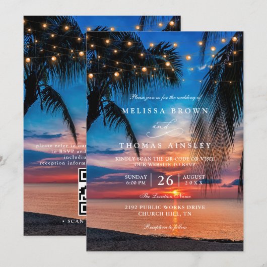 Tropical Sunset String Lights Palm QR Code Wedding Kaart (Voorkant / Achterkant)