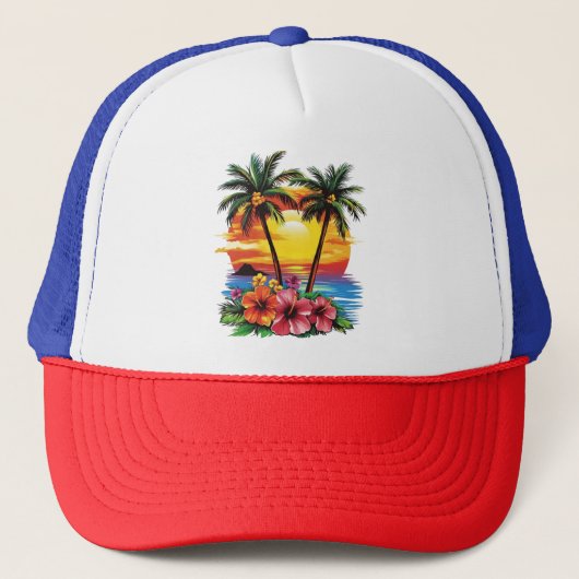 Tropical Sunset Trucker Hat – Palmbomen & Hibiscu Pet (Voorkant)