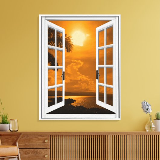 Tropical Sunset Uitzicht Kunstmatig Venster Canvas Afdruk (Insitu (Woonkamer))