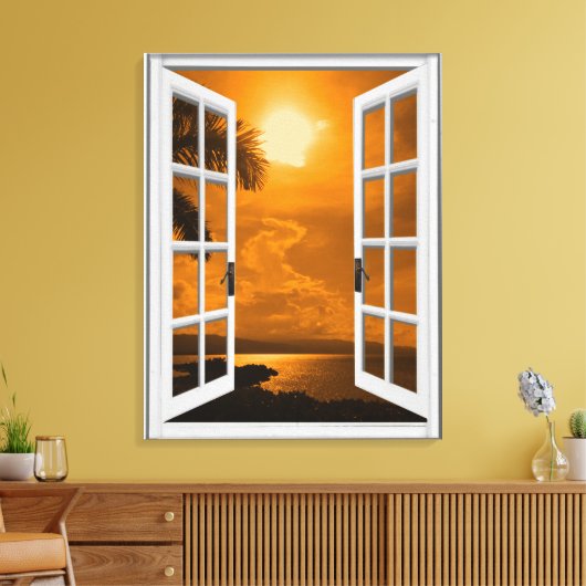 Tropical Sunset Uitzicht Kunstmatig Venster Canvas Afdruk (Insitu (Woonkamer))