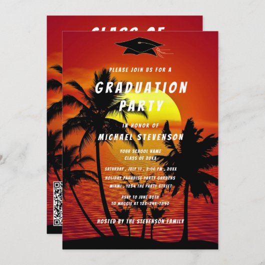 Tropical Sunset Uw QR Code Afstuderen Uitnodiging (Voorkant / Achterkant)